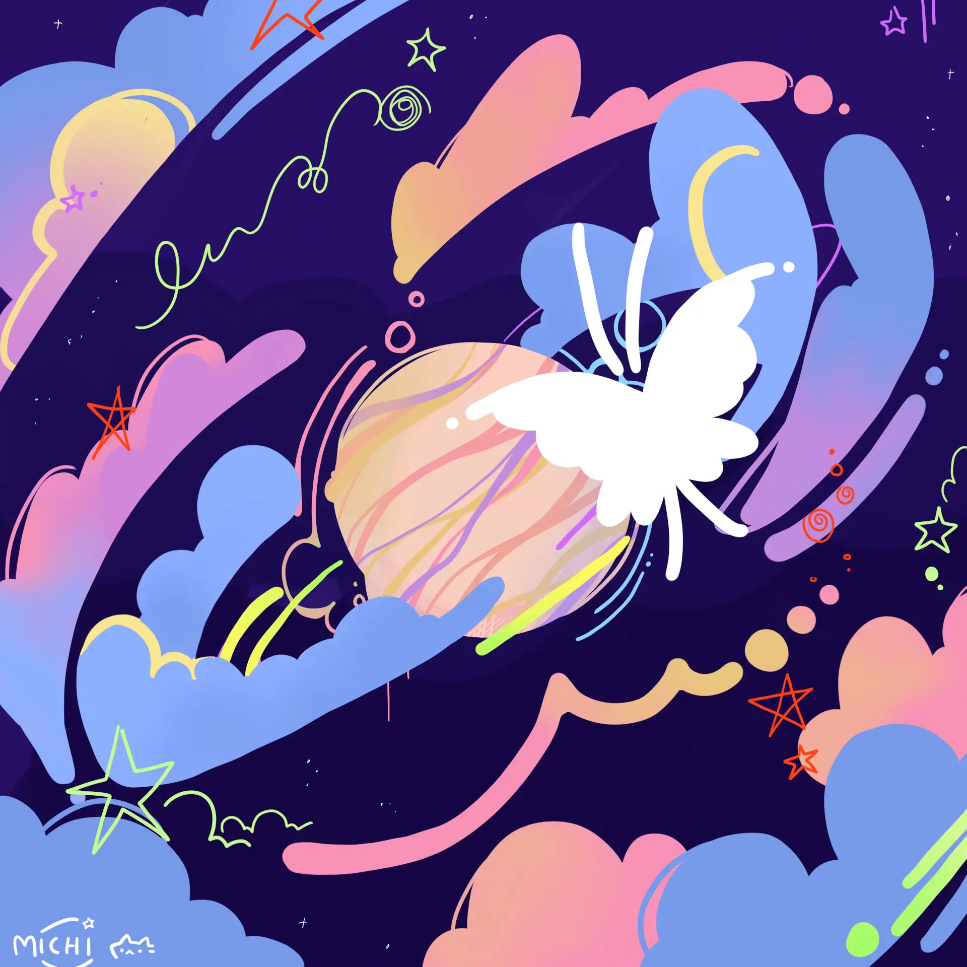 Dibujo de una mariposa posada en los anillos de un planeta, con nubes de colores alrededor, sobre un fondo azul oscuro.